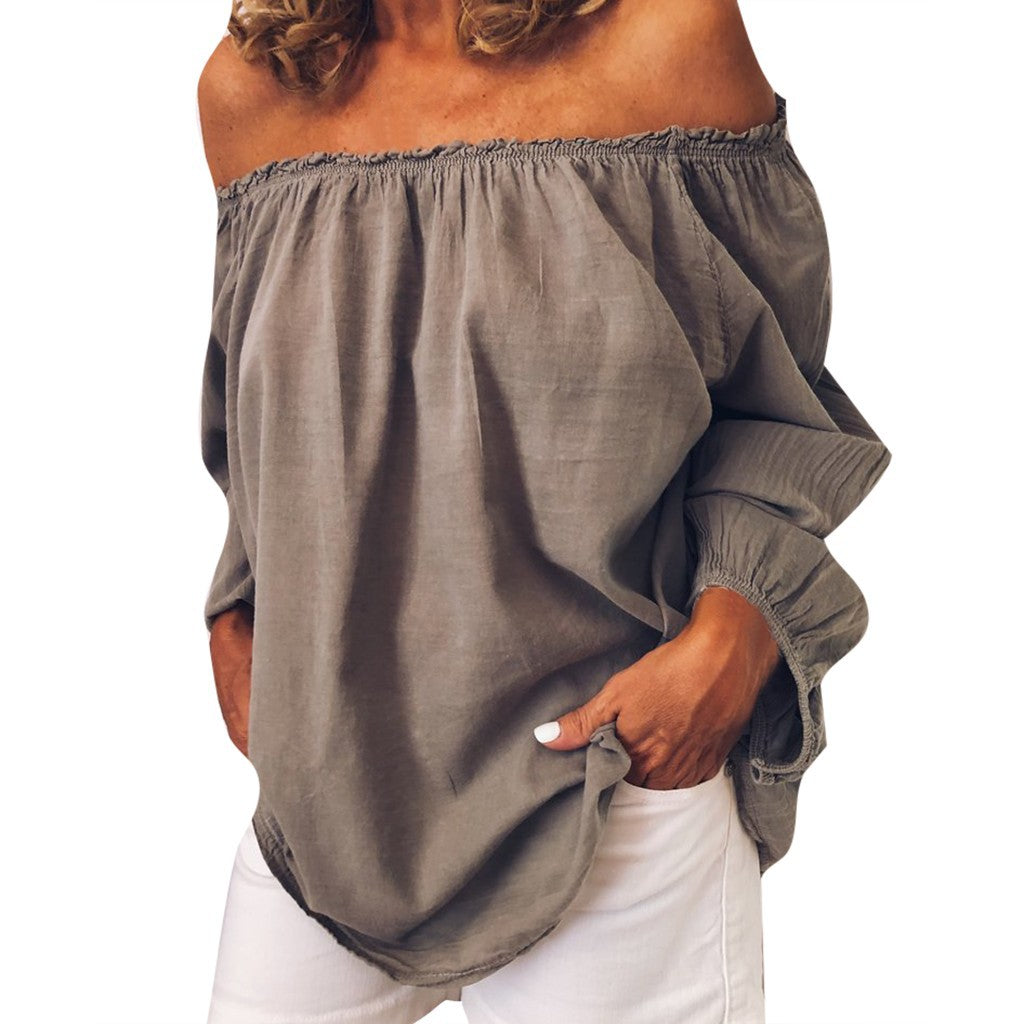 Linen cotton shoulder blouse long sleeves off-the-shoulder - Amazhona 