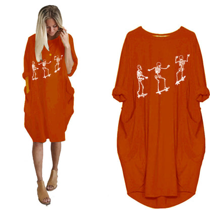 Women's Casual Loose Pocket Long Sleeve Halloween Printed Dress - Amazhona 