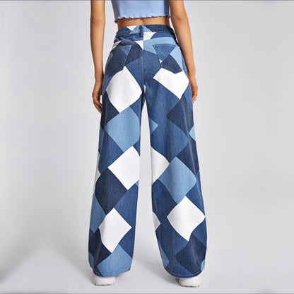 Casual High-waisted Large Straight Leg Printed Denim Pants