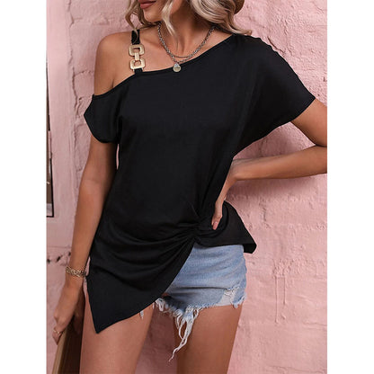 Summer Shoulder Buckle Short Sleeve T-shirt Top - Amazhona 