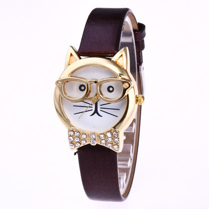 Light board mechanical cat glasses watch cat face small belt children watch cartoon student watch - Amazhona 