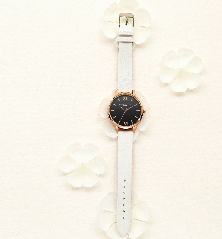 PU leather strap rose gold fashion casual fashion watch ladies black dial watch female models - Amazhona 