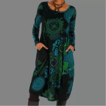 Casual Loose Printed Dress Round Neck Long Sleeves - Amazhona 