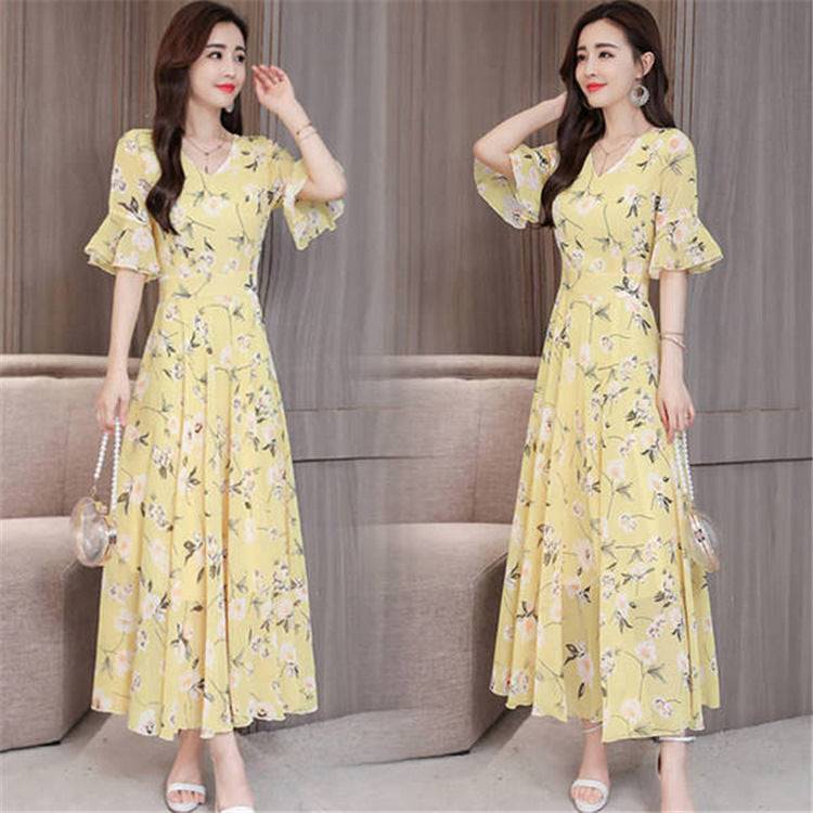 2021 new large size short-sleeved holiday dress female summer loose slim green flower fashion temperament long skirt - Amazhona 