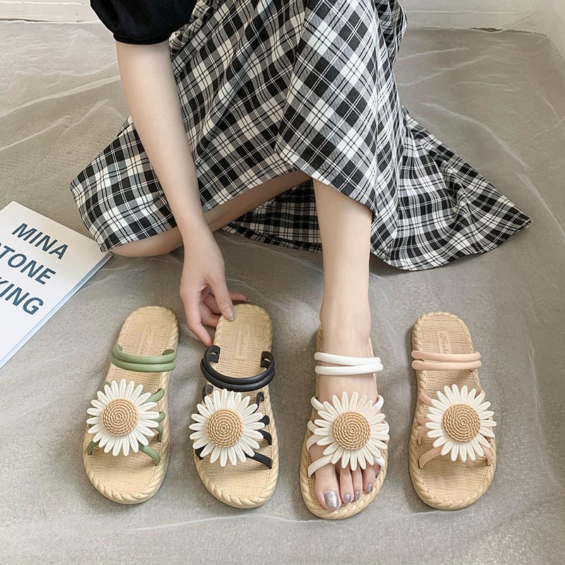 All-match Outer Wear Student Fairy Style Flat Sandals And Slippers With Small Wrinkle Chrysanthemum - Amazhona 