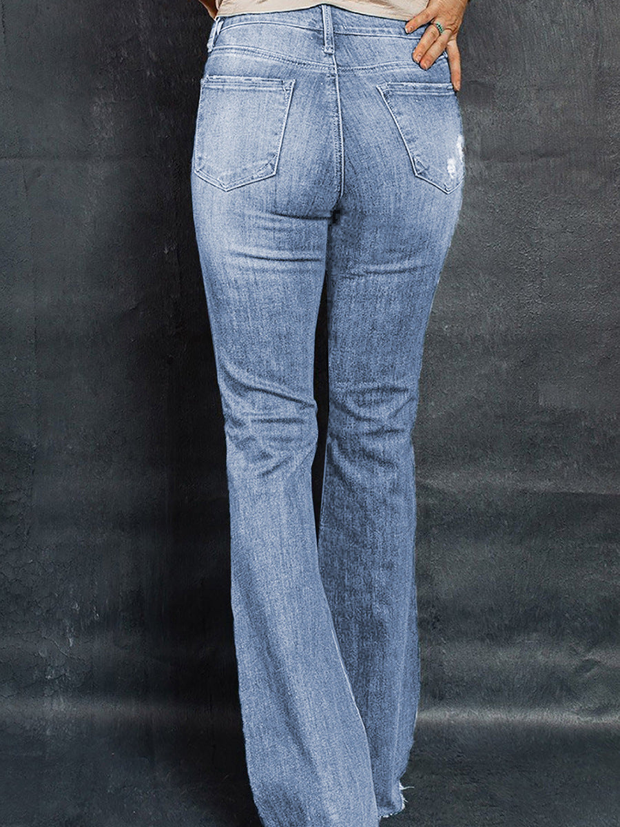 European And American High Waist Slim Denim Washed And Frayed Wide Leg Pants Trousers