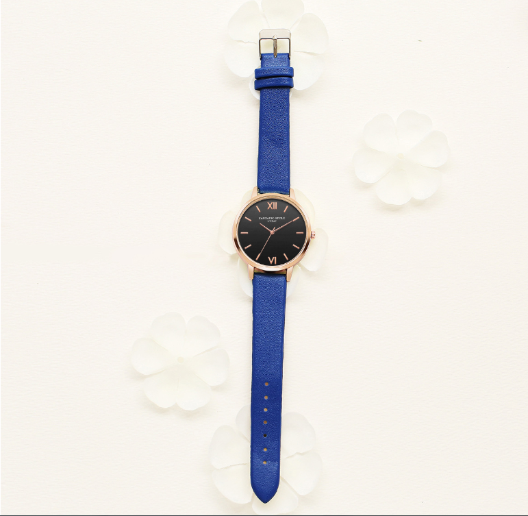 PU leather strap rose gold fashion casual fashion watch ladies black dial watch female models - Amazhona 