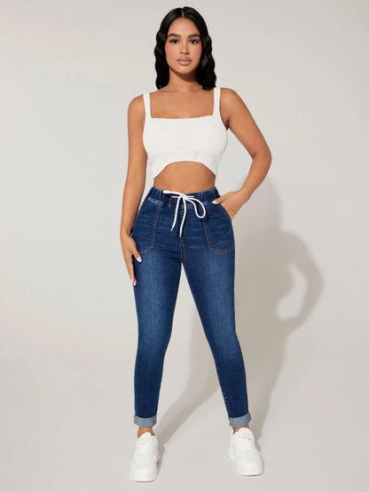 New Drawstring Elastic Waist High Skinny Jeans