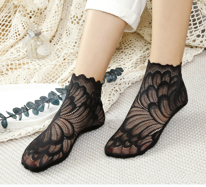 Socks Women Short Cute Solid Color Cotton Bottom Breathable In Tube Mesh Lace Lace - Amazhona 