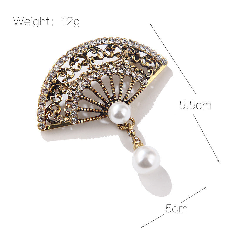 Elegant Graceful Rhinestone Pearl Vintage Fan Brooch Cheongsam Coat Accessories - Amazhona 