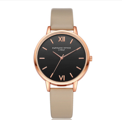 PU leather strap rose gold fashion casual fashion watch ladies black dial watch female models - Amazhona 