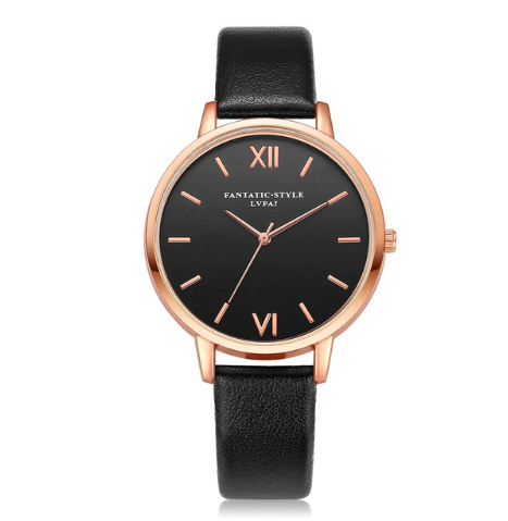 PU leather strap rose gold fashion casual fashion watch ladies black dial watch female models - Amazhona 