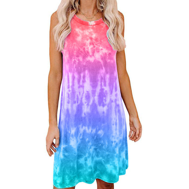 Tie-dye Printed Loose Short-sleeved Dress Women - Amazhona 