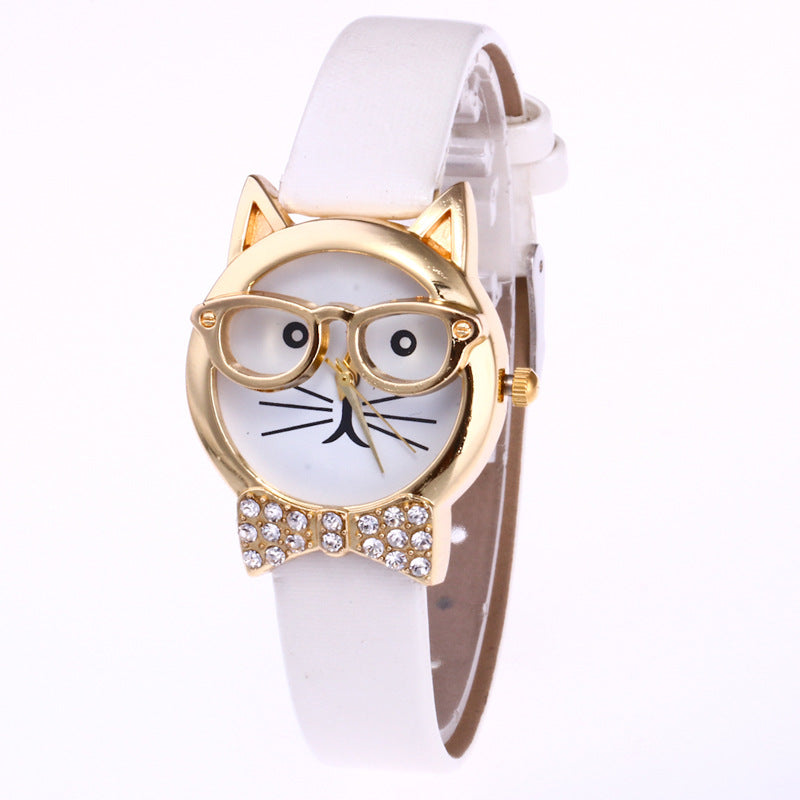 Light board mechanical cat glasses watch cat face small belt children watch cartoon student watch - Amazhona 