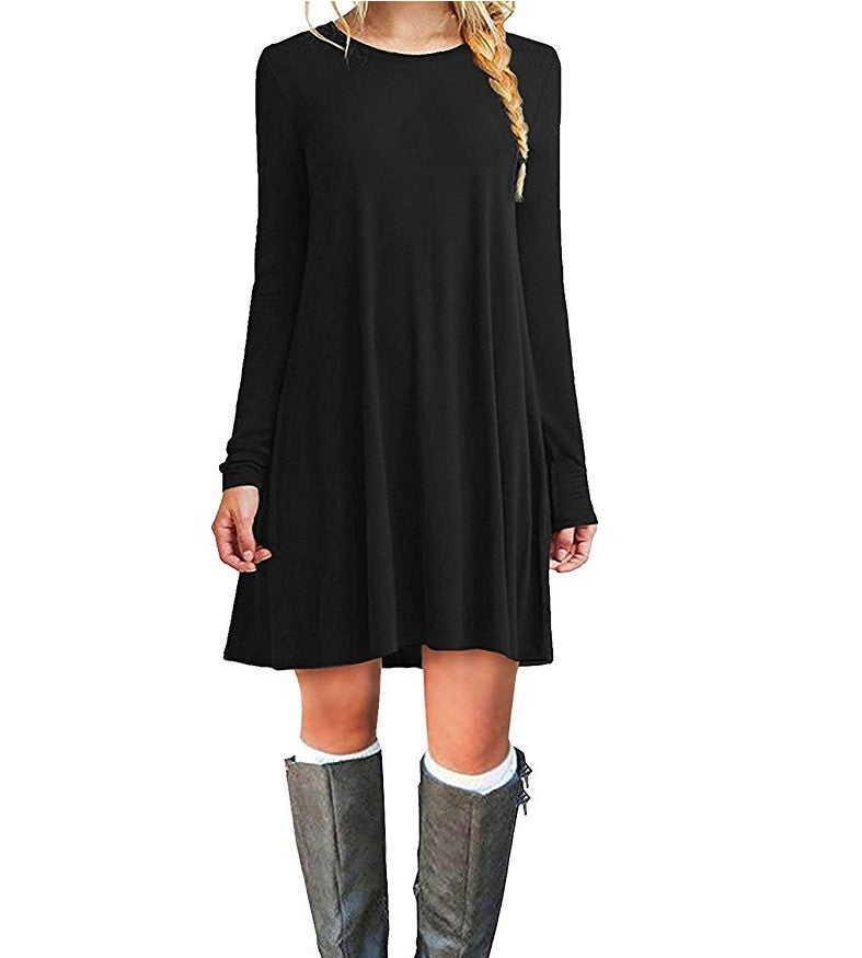 Solid color long-sleeved loose slim dress - Amazhona 