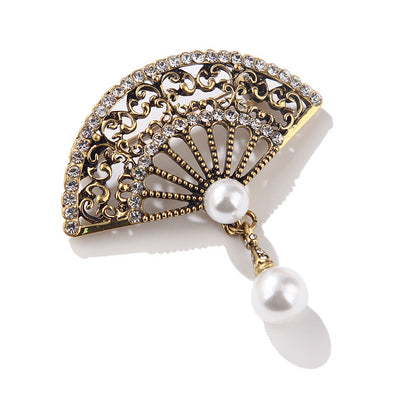 Elegant Graceful Rhinestone Pearl Vintage Fan Brooch Cheongsam Coat Accessories - Amazhona 