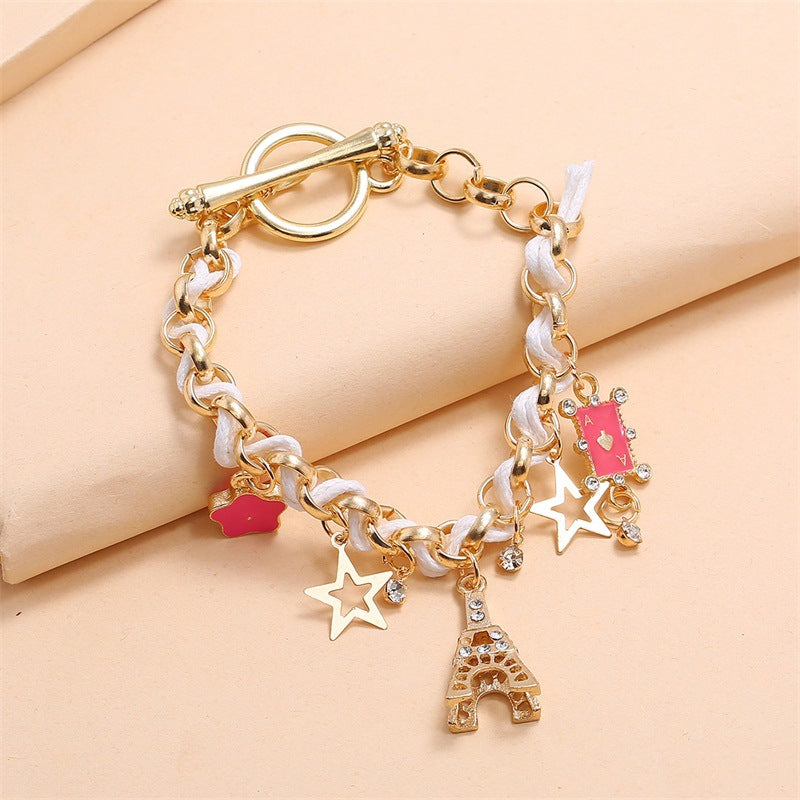 Temperament Fashion Iron Tower Stars Flowers Playing Cards Female Leather Rope Bracelets - Amazhona 