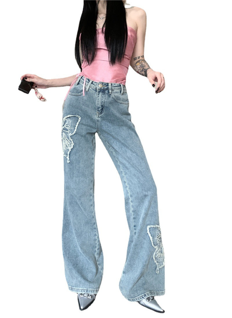 Distressed Low Waist Slightly Wide-leg Pants Mop Trousers