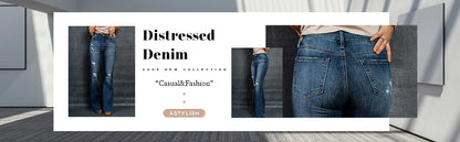 European And American High Waist Slim Denim Washed And Frayed Wide Leg Pants Trousers