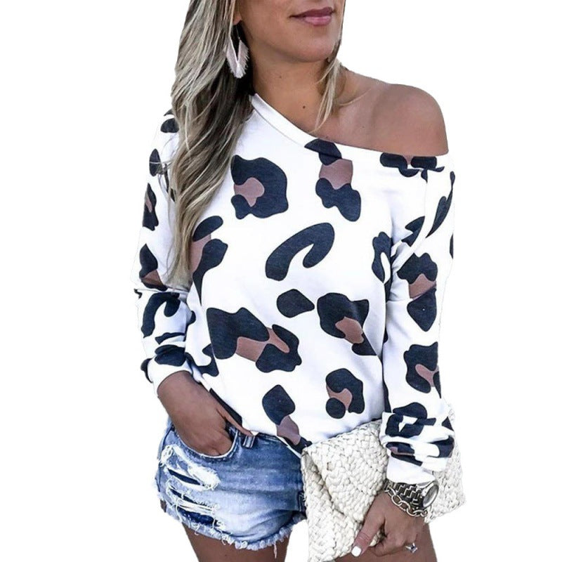 Fashion Leopard Print Sexy Long Sleeve Off Shoulder Top T Shirt - Amazhona 