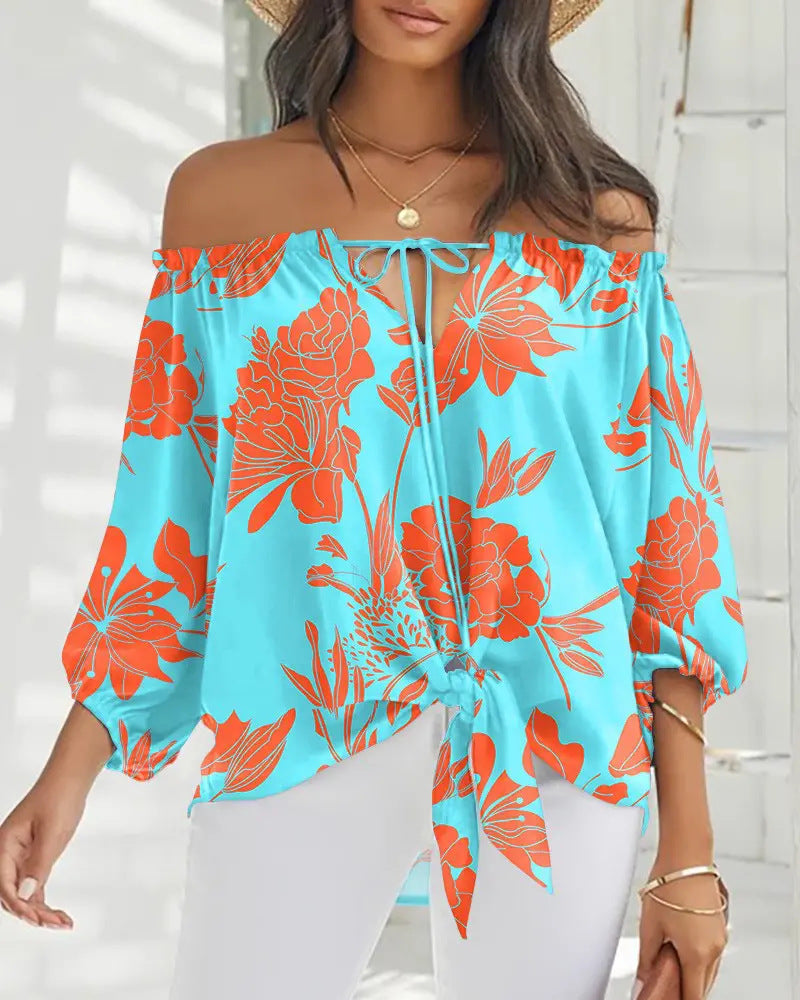 Sexy Off Shoulder Printed Chiffon Shirt Women Fashion Tied Detail Long Sleeve Pullover Tops Street Vintage Lady Blouse - Amazhona 