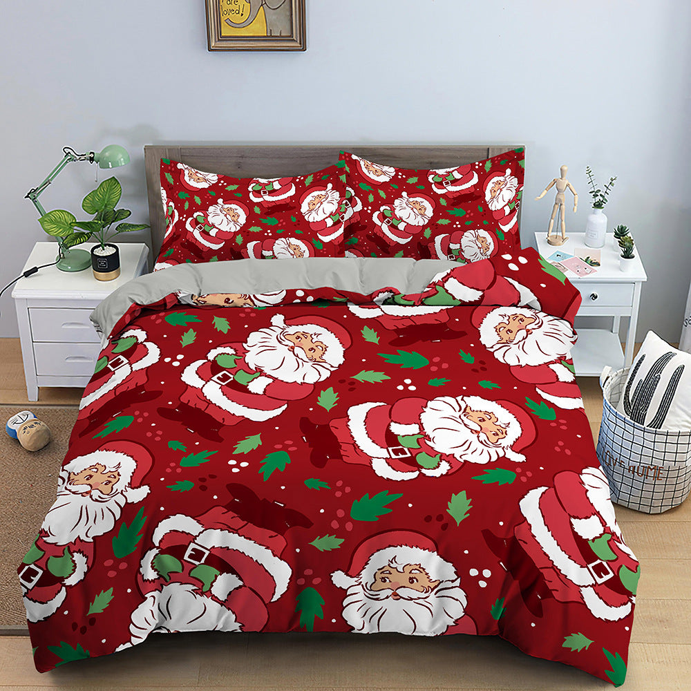 Red Cartoon Santa Claus Three-piece Digital Printing Bedspread - Amazhona 