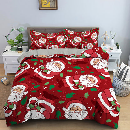 Red Cartoon Santa Claus Three-piece Digital Printing Bedspread - Amazhona 