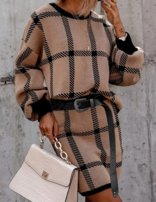 Large Plaid Pullover Long Sleeve Woolen Skirt Suit Two-piece Set - Amazhona 