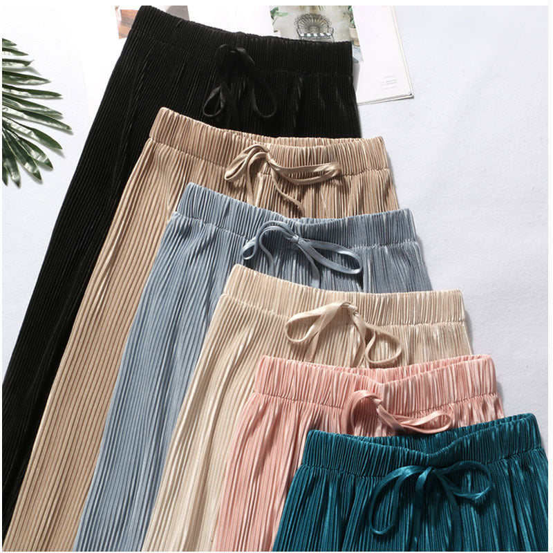 Pleated wide-leg pants trousers high waist vertical spring and summer new loose casual pants chiffon trousers ice silk nine points pants - Amazhona 