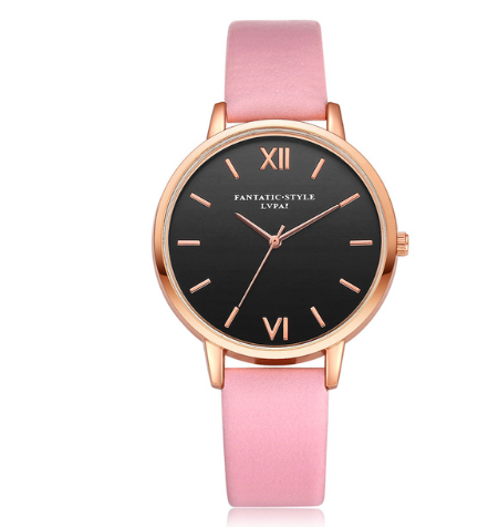 PU leather strap rose gold fashion casual fashion watch ladies black dial watch female models - Amazhona 