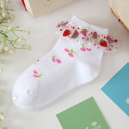 Strawberry Socks Girls Lace Socks Cotton  Children - Amazhona 