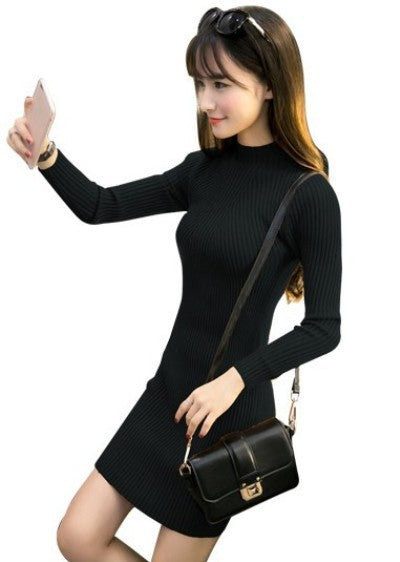 Fashion half high neck hip wrap knit dress - Amazhona 