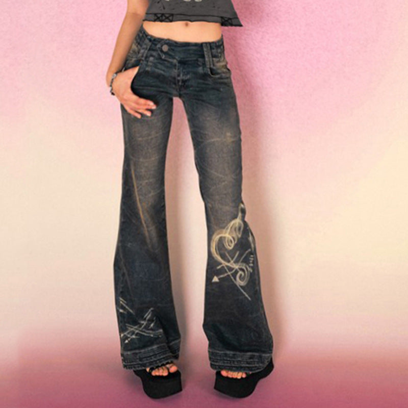 American-style Distressed Washed Printed Skinny Jeans