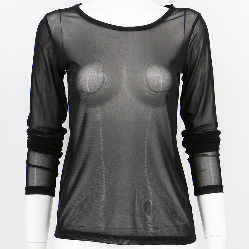 Black transparent mesh bottoming shirt - Amazhona 