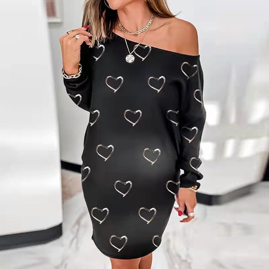 Printed Round Neck Long Sleeve Loose Dress - Amazhona 