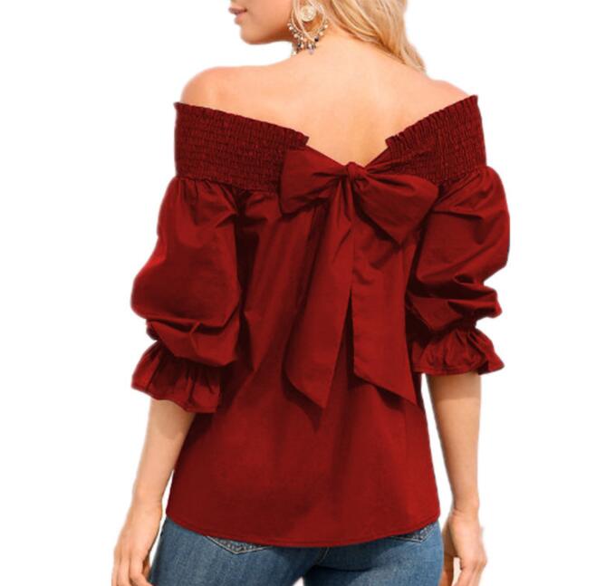 Off Shoulder Tops Spring Summer Strapless Women Blouse Bowknot Slash Neck Shirts Casual Loose Blusas Plus Size - Amazhona 