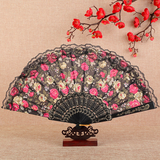 Lady Chinoiserie Lace Dance Fan Color Pole - Amazhona 