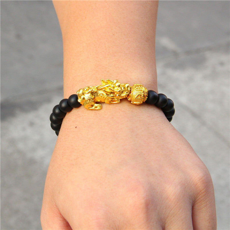 Tiger eye stone elastic brave gold plated ball bracelet - Amazhona 