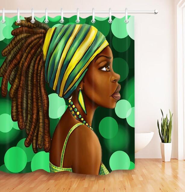 Diseño de arte Graffiti arte Hip Hop chica africana con pelo negro gran pendiente con cortina de ducha de edificio moderno para la decoración del baño