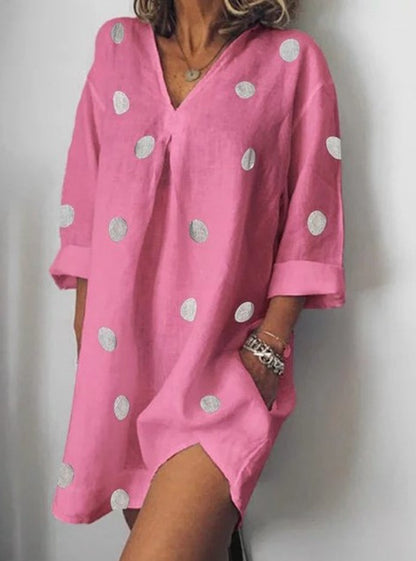 Wish fast sell 2021 spring and summer linen loose V-neck print nine-point sleeve split dress 1956