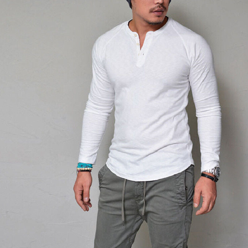 Autumn and winter round neck solid color button long-sleeved t-shirt men's t-shirt - Amazhona 