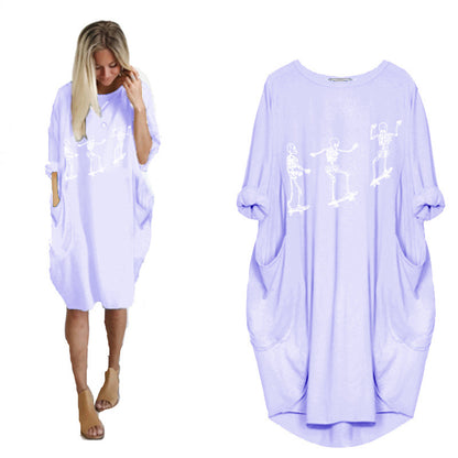 Women's Casual Loose Pocket Long Sleeve Halloween Printed Dress - Amazhona 