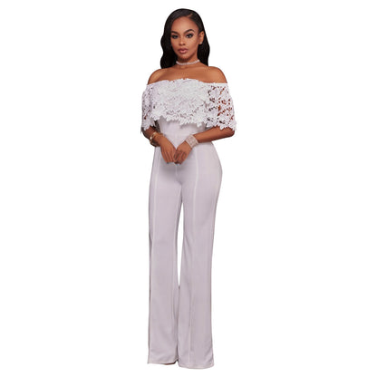 Sexy Tight One-neck Water-soluble Embroidered Jumpsuit - Amazhona 