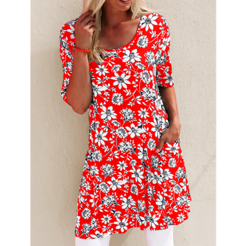 Summer Fashion Printed Loose Short Sleeve Pocket Dress Floral Dress - Amazhona 