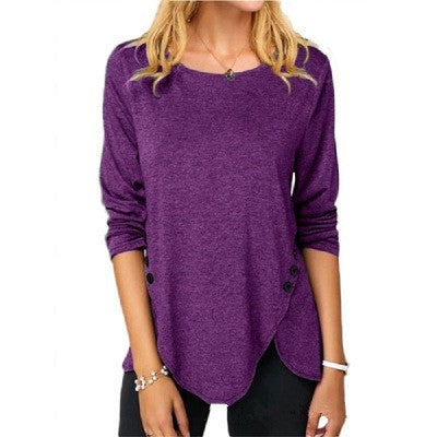 Spring And Summer Hot Style Irregular Button Hem Long Sleeve Round Neck T-shirt - Amazhona 