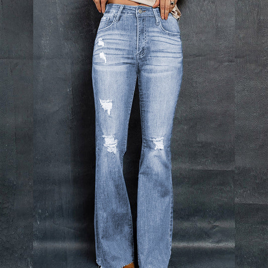 European And American High Waist Slim Denim Washed And Frayed Wide Leg Pants Trousers