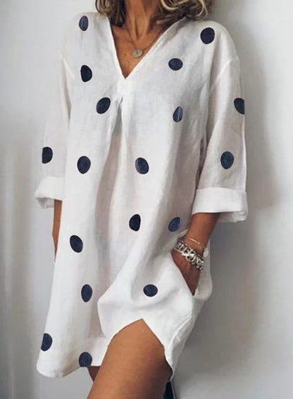 Wish fast sell 2021 spring and summer linen loose V-neck print nine-point sleeve split dress 1956