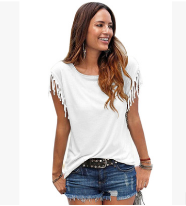 Wish quick sale  ladies Europe and America big size round neck short sleeve cuffs tassel T-shirt cotton tops - Amazhona 