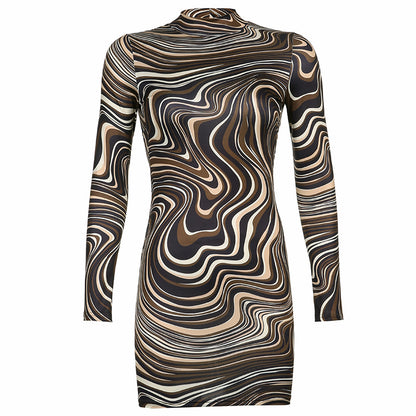 Water Ripple Half High Neck Long Sleeve Dress - Amazhona 