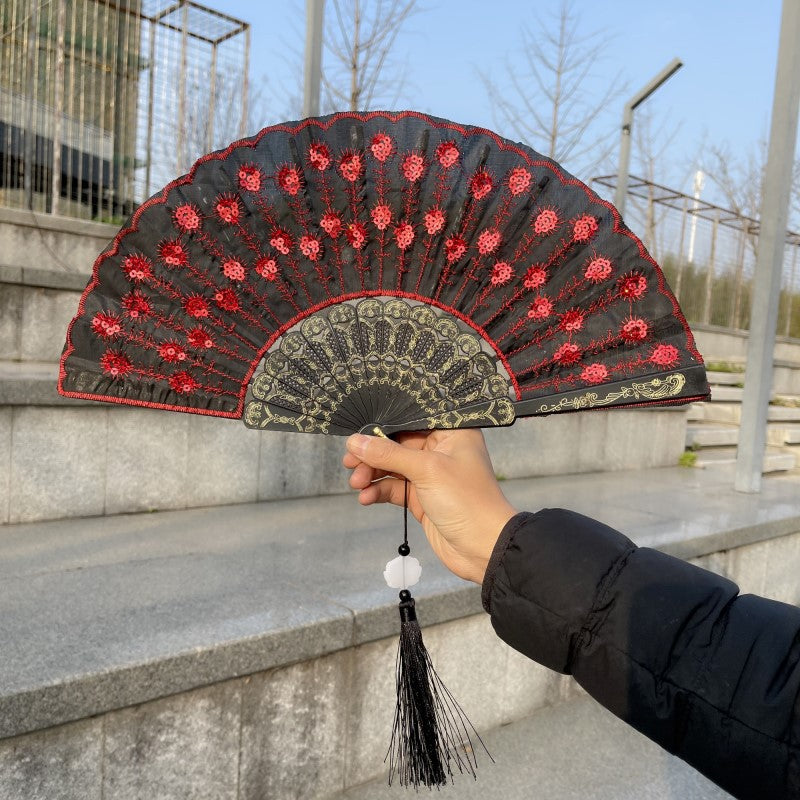 Peacock Feather Folding Fan Embroidery Black Rod - Amazhona 